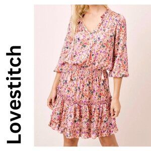 LoveStitch Satin floral smocked waist mini dress with ruffled‎ trim size S